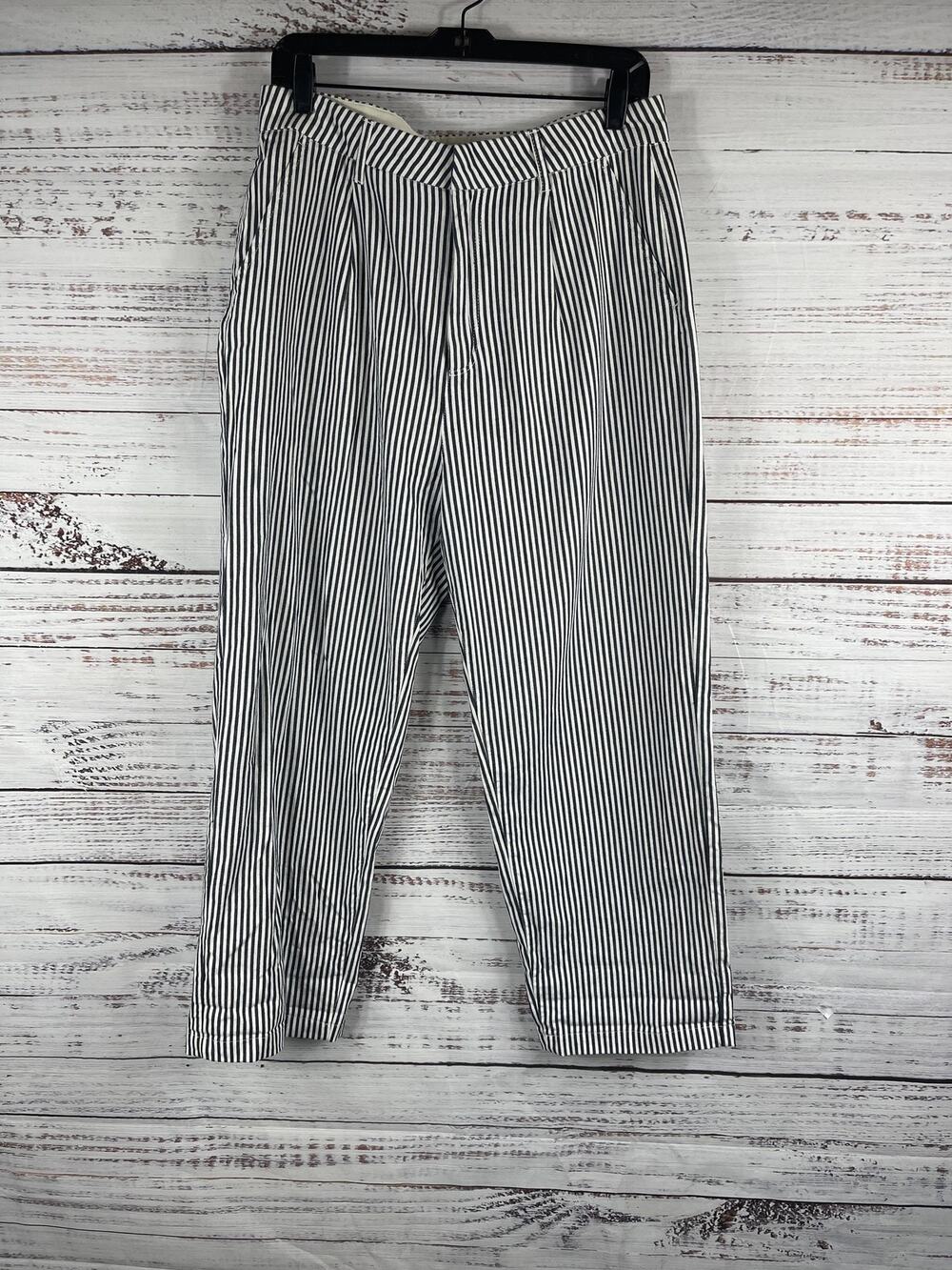 Brixton Pants Women's 30 Washed Navy Stripe High Rise Cropped Pleated Cotton